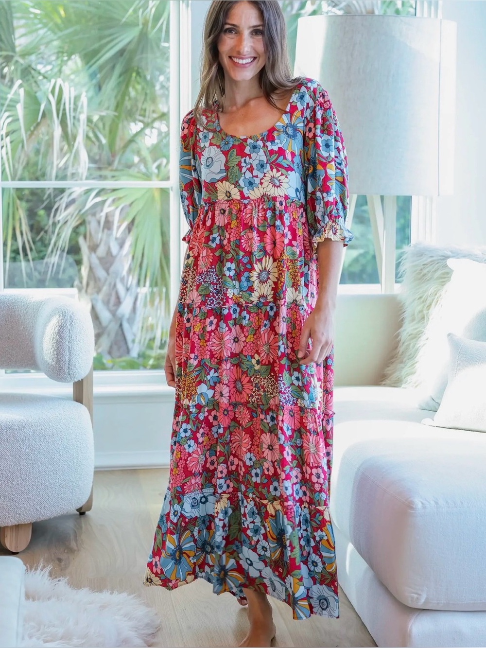 Natural Life Floral Mixed Print Maxi Dress Boho Womens Size XL